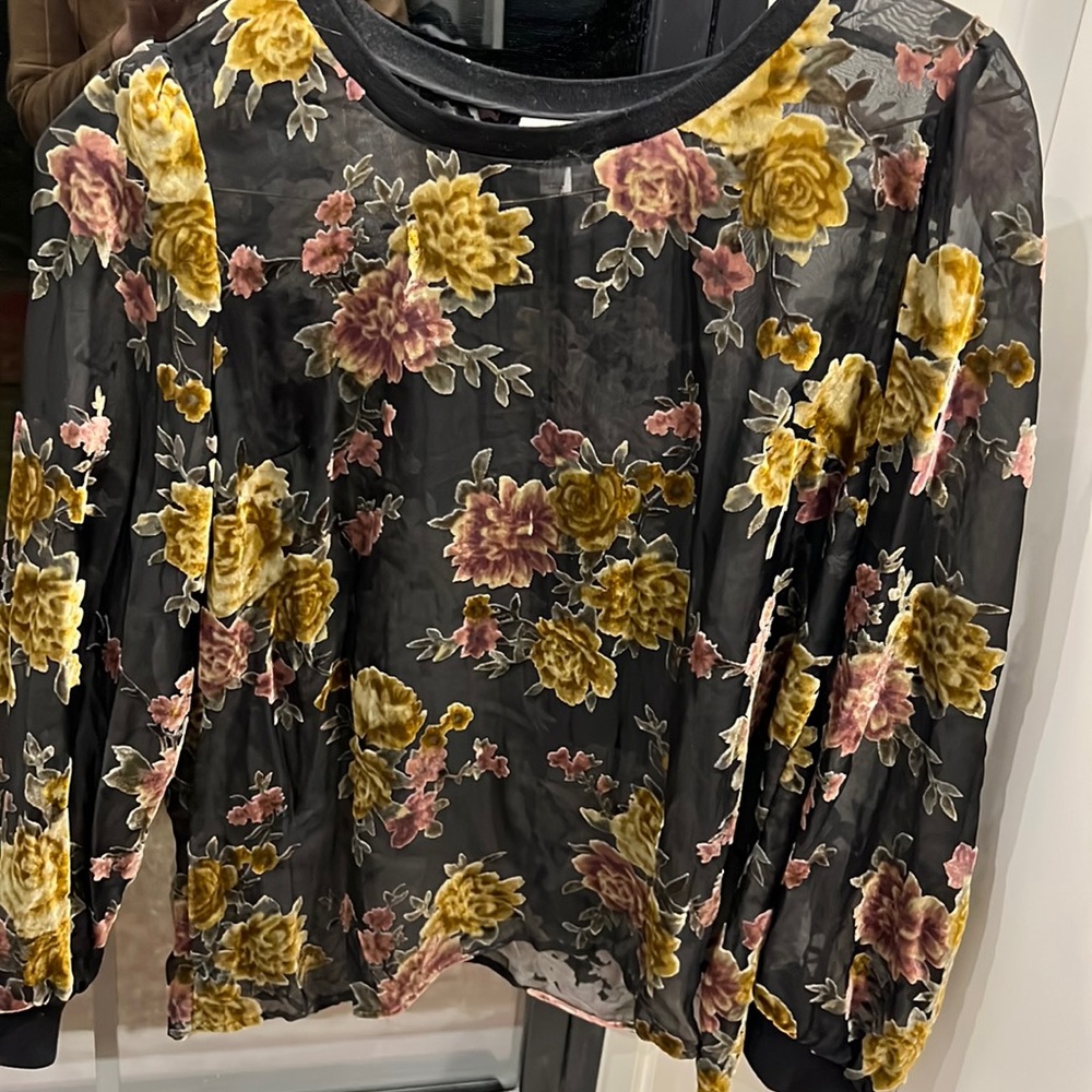Sheer Black & Velvet Floral Blouse - L